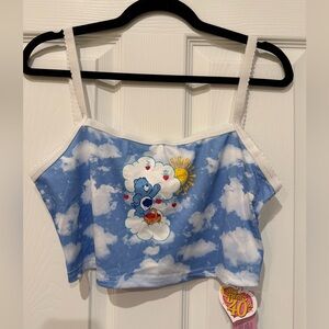 Care Bears Blue and White Cloud Print Cropped Ribbed Cami with Stretchy Straps